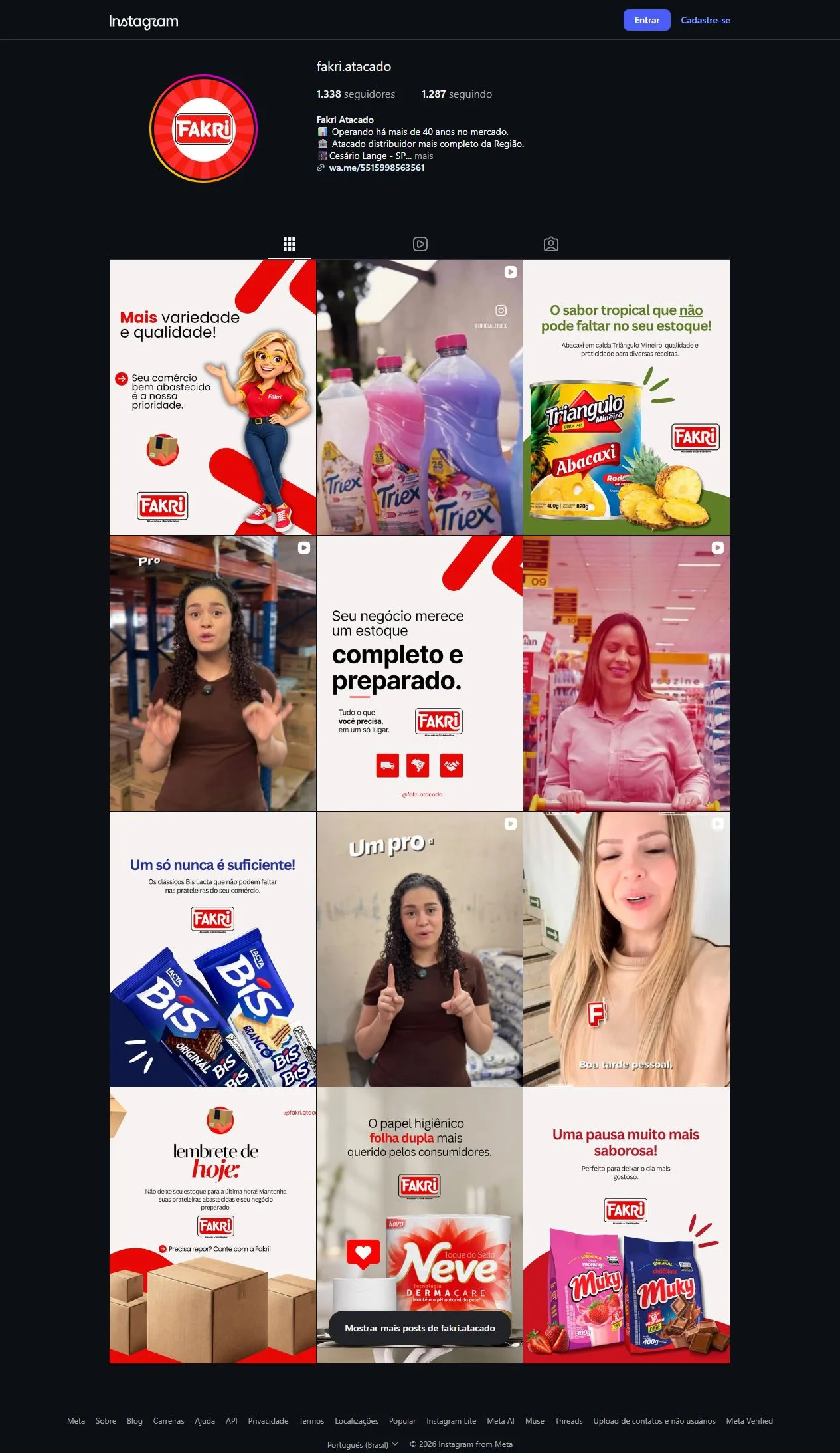 Print do perfil @fakri.atacado no Instagram, com identidade visual e publicações de Fakri Atacado