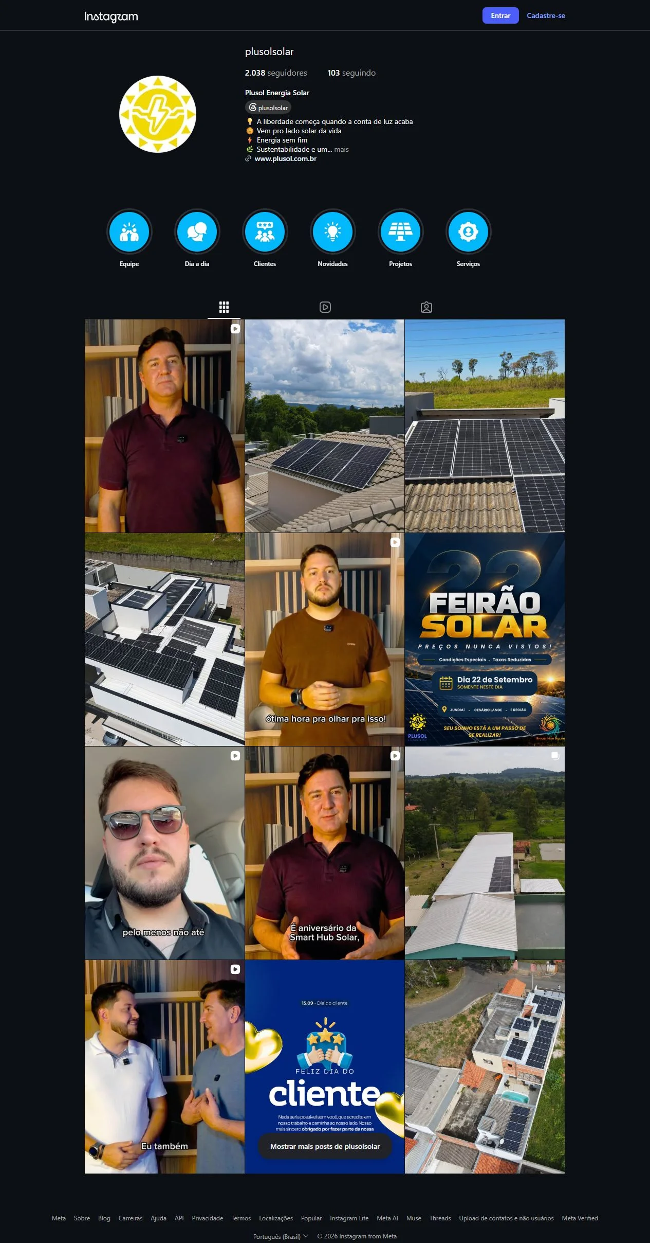 Print do perfil @plusolsolar no Instagram, com identidade visual e publicações de Plusol Energia Solar
